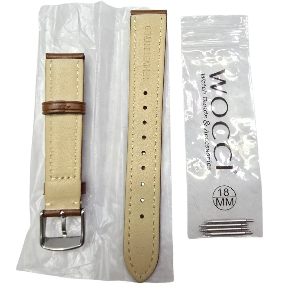 Wocci‎ Genuine Leather Watch Band Brown Silver Buckle 18MM FM 18T5X6ZK1